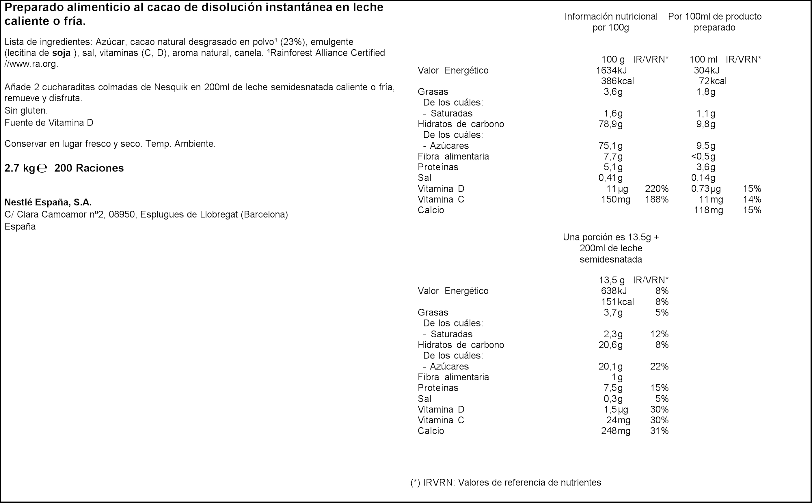 Cacao en polvo instantáneo Nesquik 2.7Kg