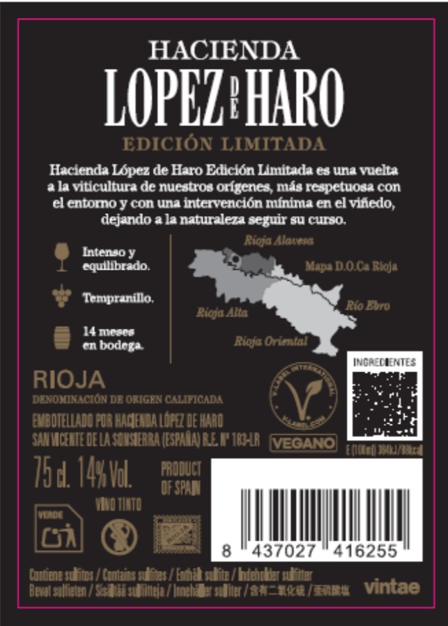 Vino tinto D.O Rioja edición limitada López de Haro 75cl