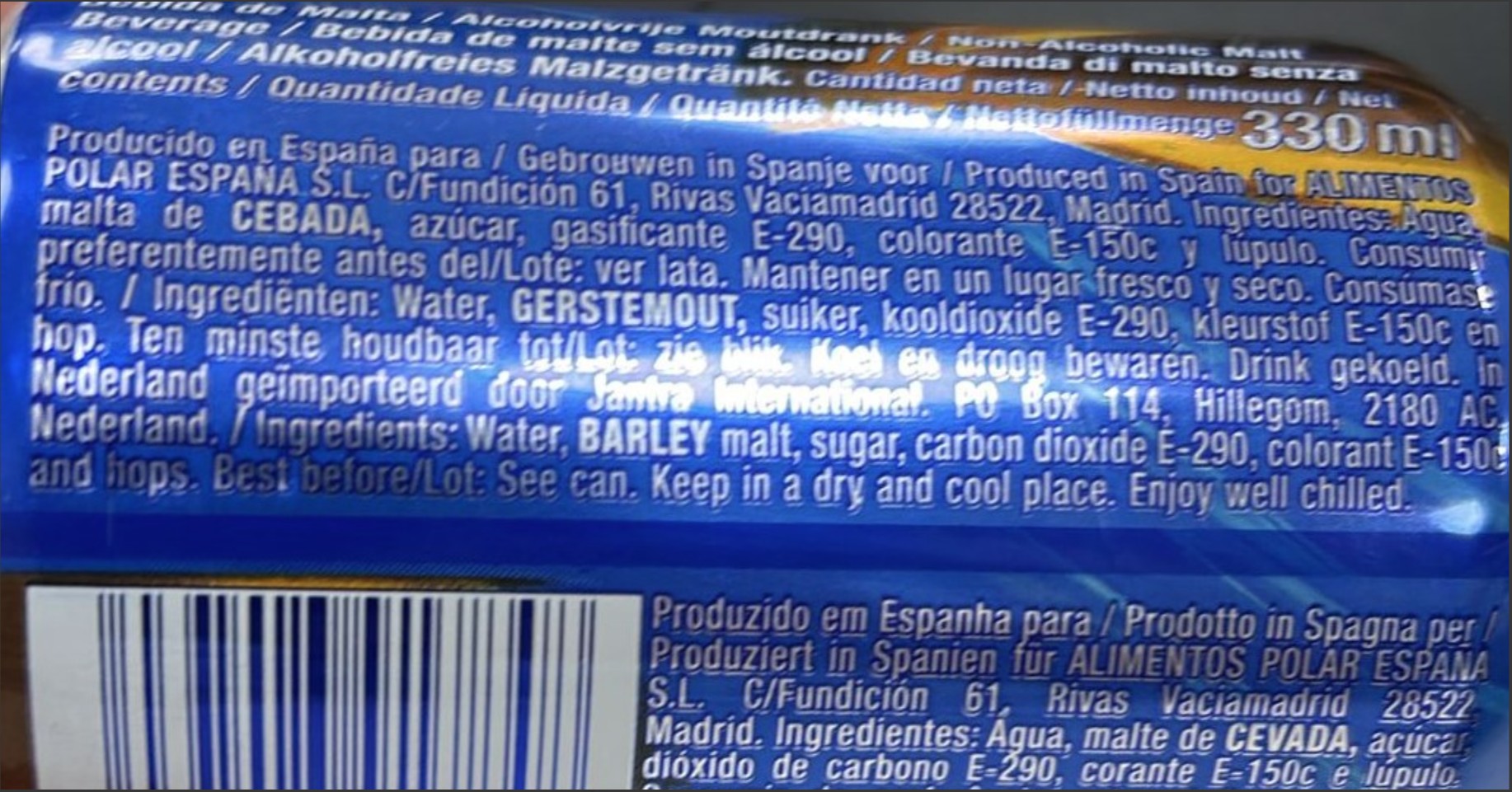Bebida maltín polar con capacidad de 33 cl