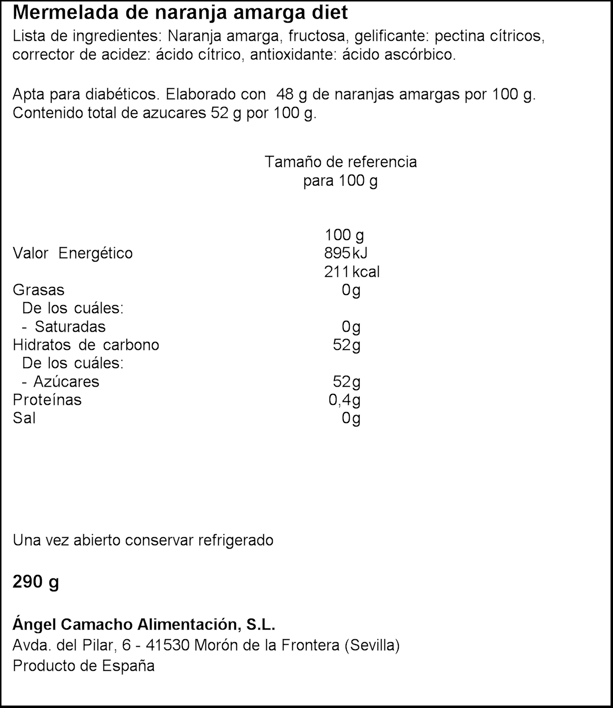 Mermelada diet la vieja fabrica 290g naranja amarga