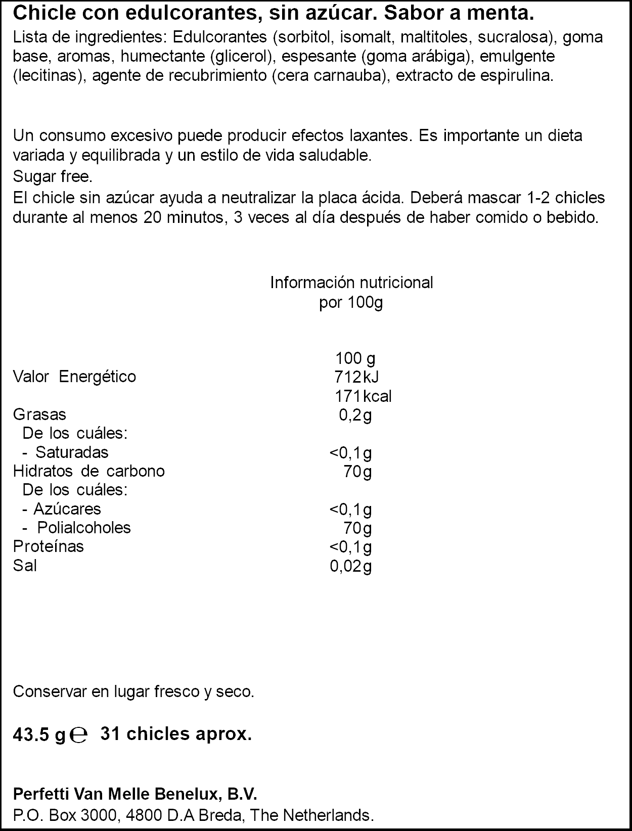 Chicles sin azúcar sabor Menta Trident 43,5g