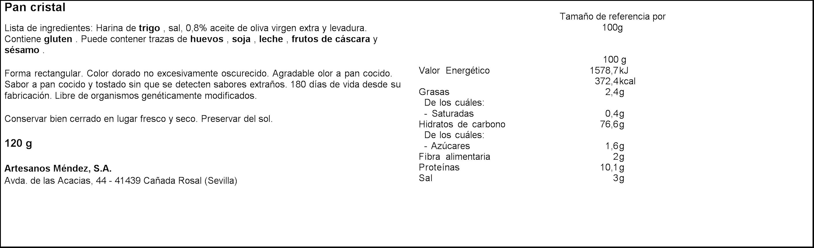Pan cristal Méndez 120g