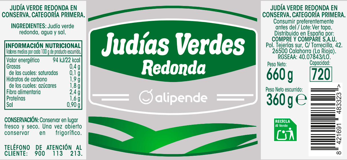 Judía verde redonda sin gluten Alipende 360g