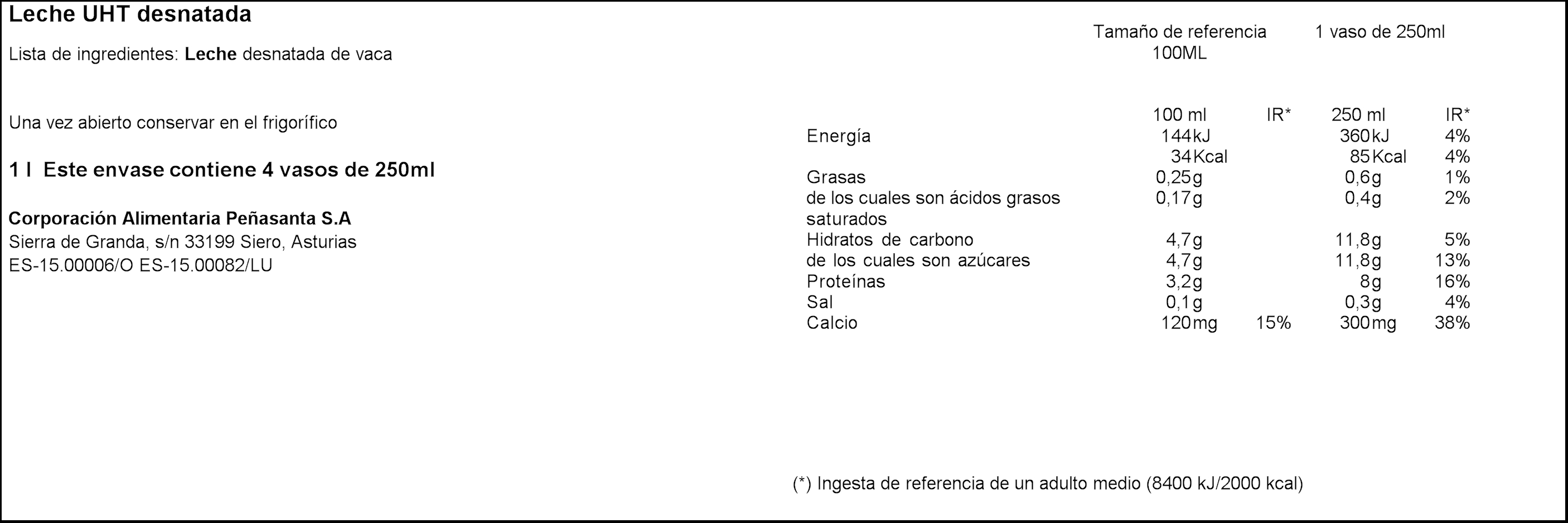 Leche Asturiana 1l desnatada