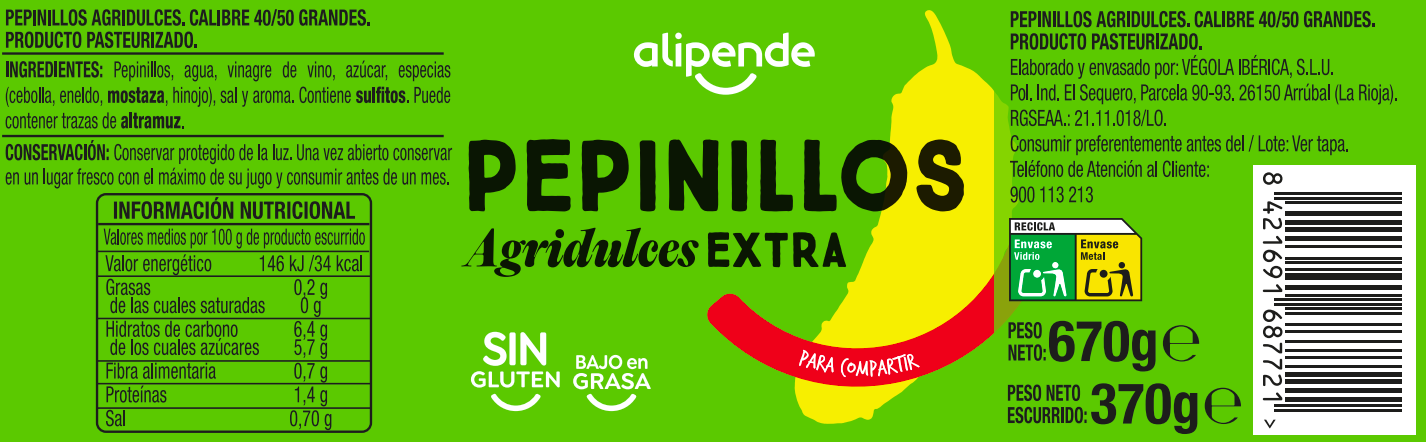 Pepinillos agridulce sin gluten Alipende 370g