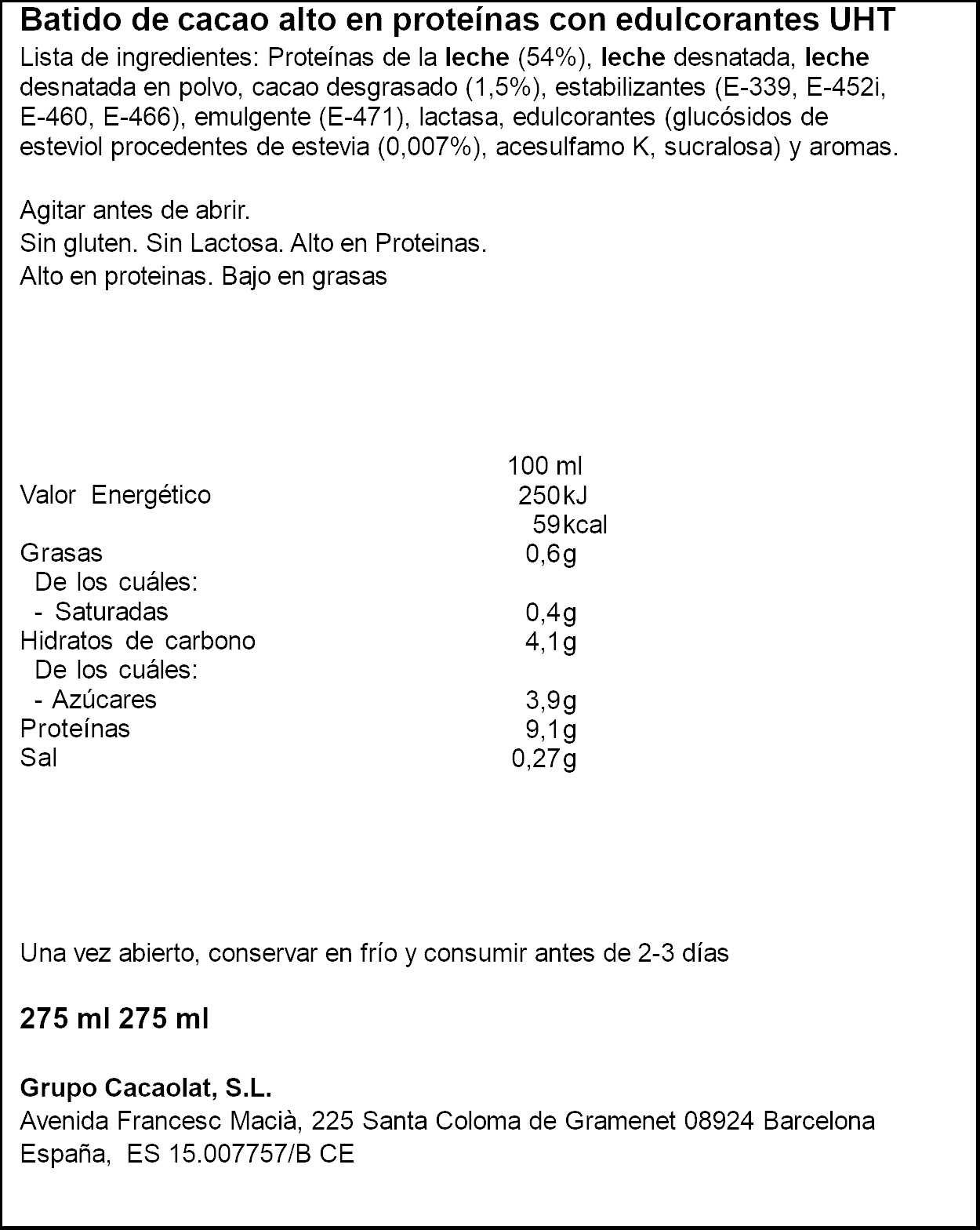 Batido Cacaolat 275 ml High Protein