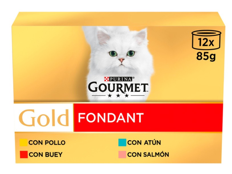Comida húmeda para gato adulto Gourmet Gold Foundant con Salmón, Pollo y Buey 12 latas