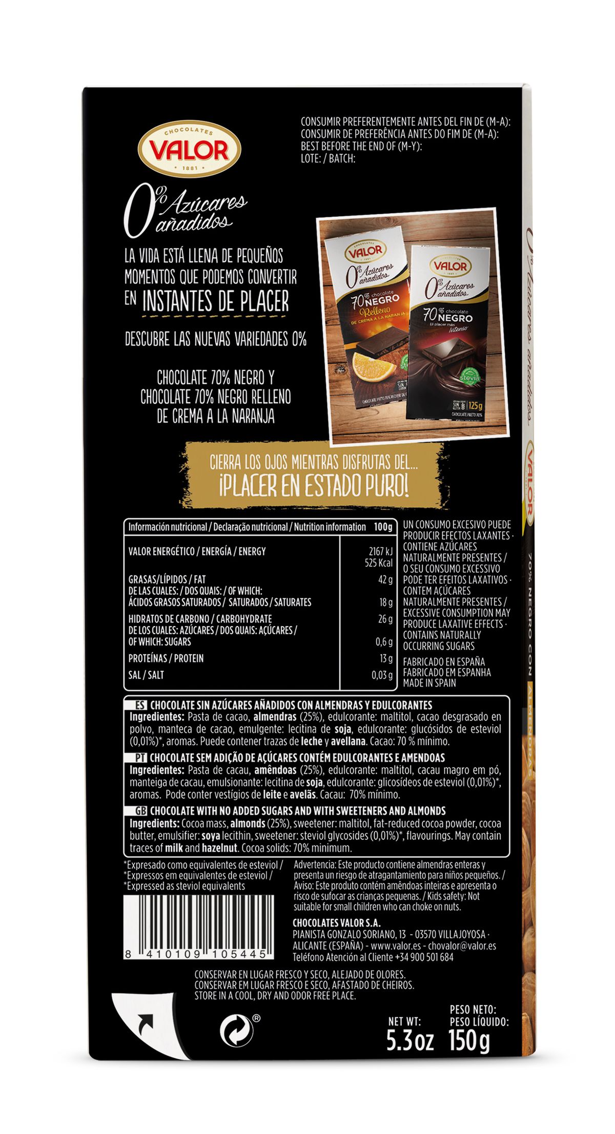 Chocolate negro 85% de cacao s/gluten Valor 100g