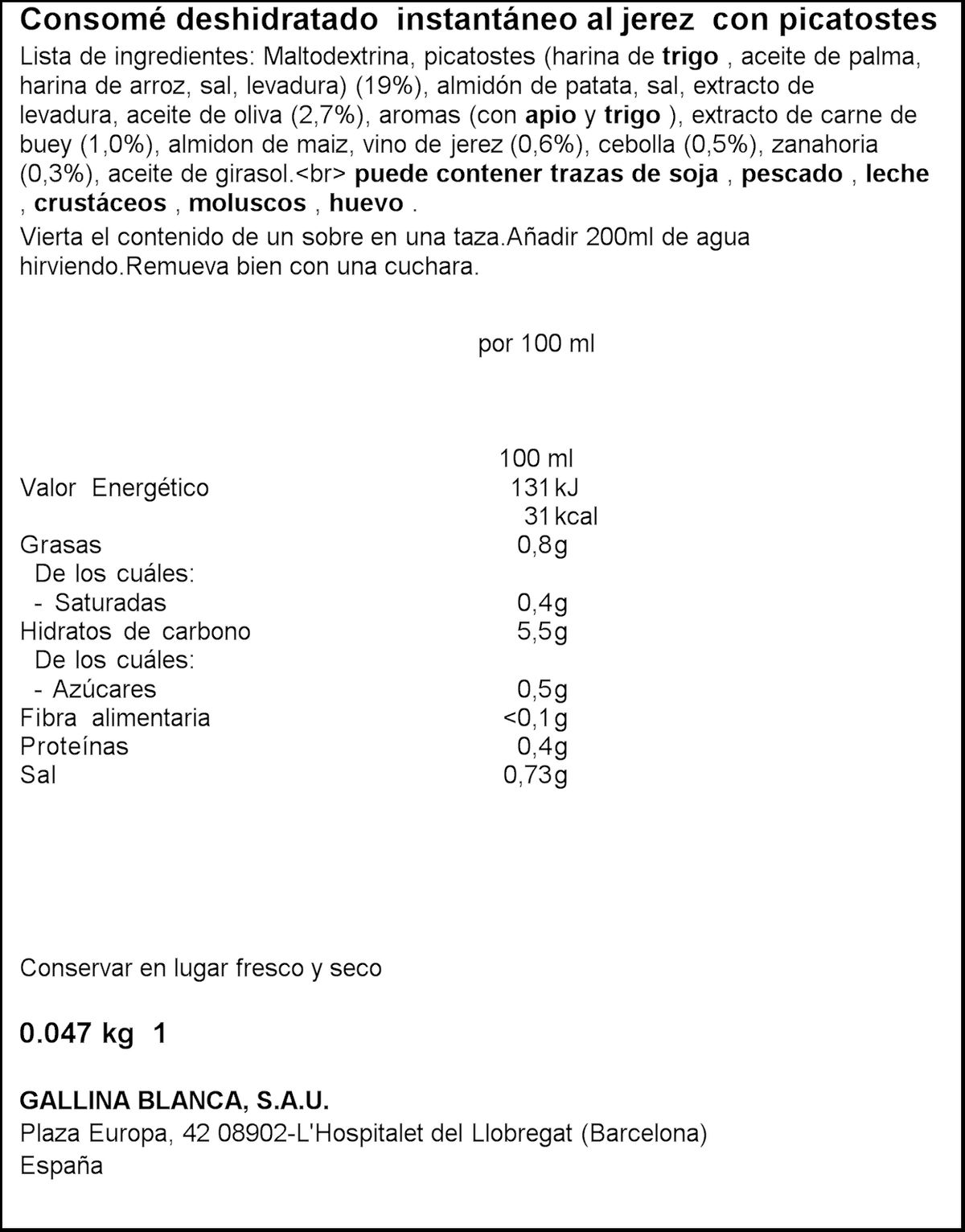 Consomé al jerez Sopinstant 46g con picatostes