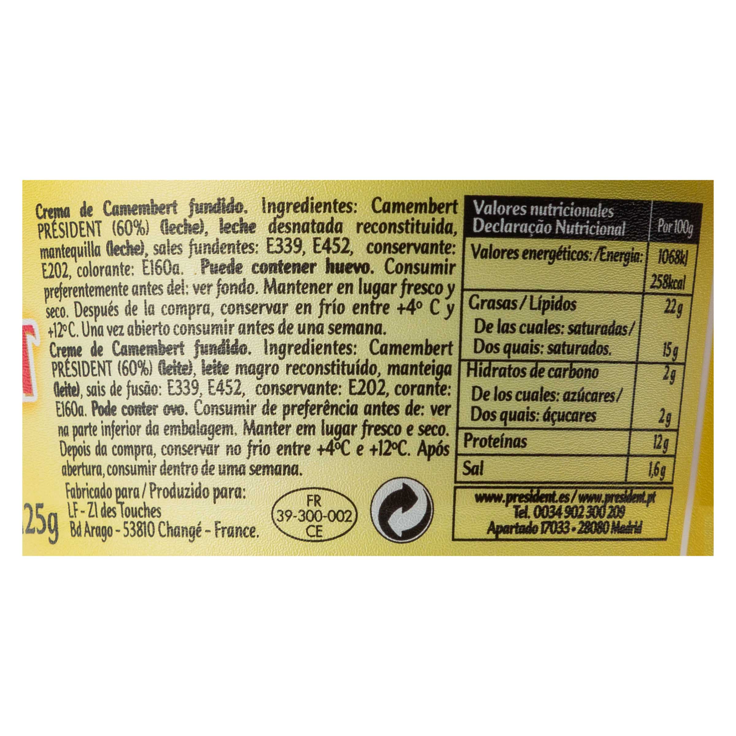 Queso crema de camembert para untar Président 125g