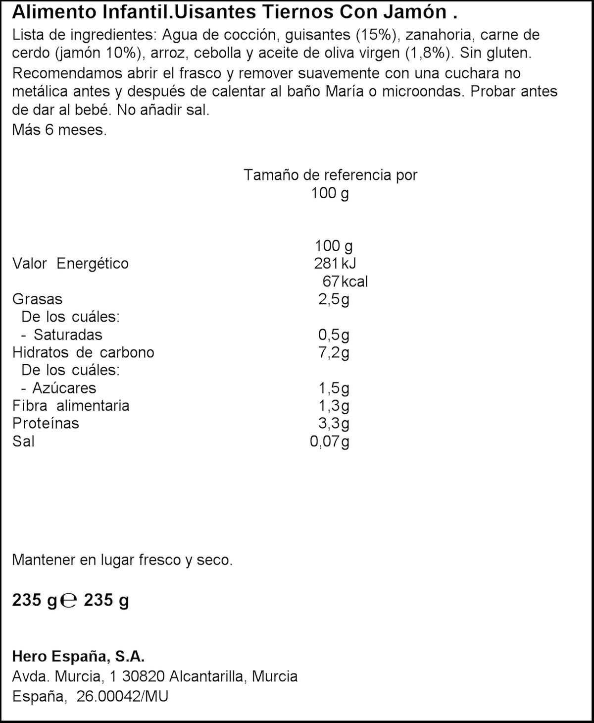 Tarro Hero Solo guisantes jamón desde 6meses 235g