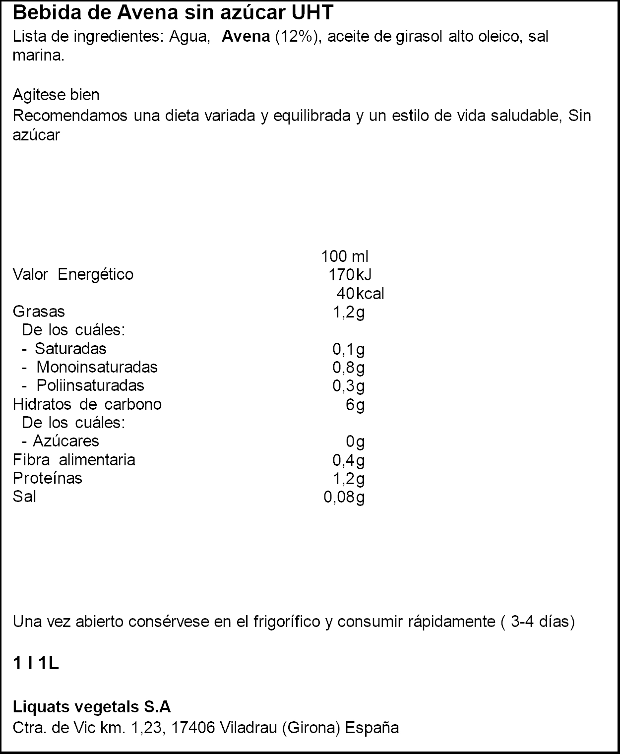 Bebida de avena 0% Yosoy 1l