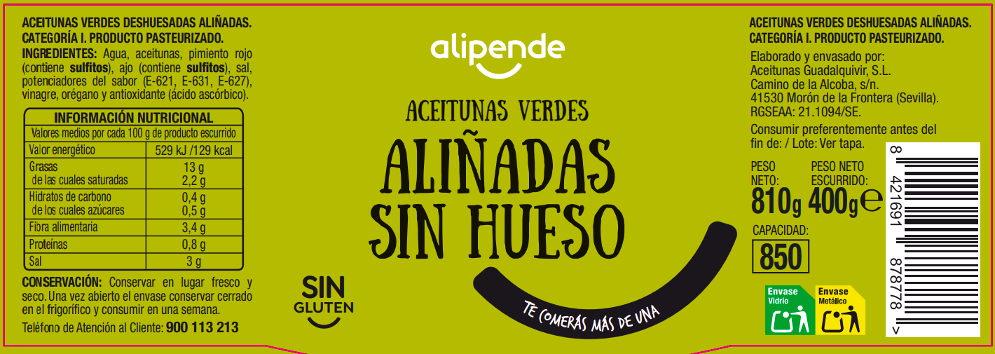 Aceitunas sin hueso aliñadas Alipende 400g