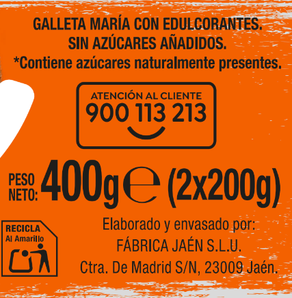 Galleta Maria sin azúcares añadidos con edulcorantes Alipende 400 g