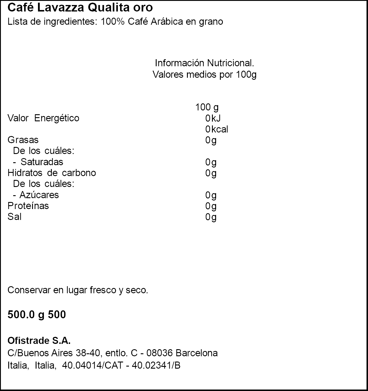 Café en grano Arabica qualita Oro Lavazza 500g