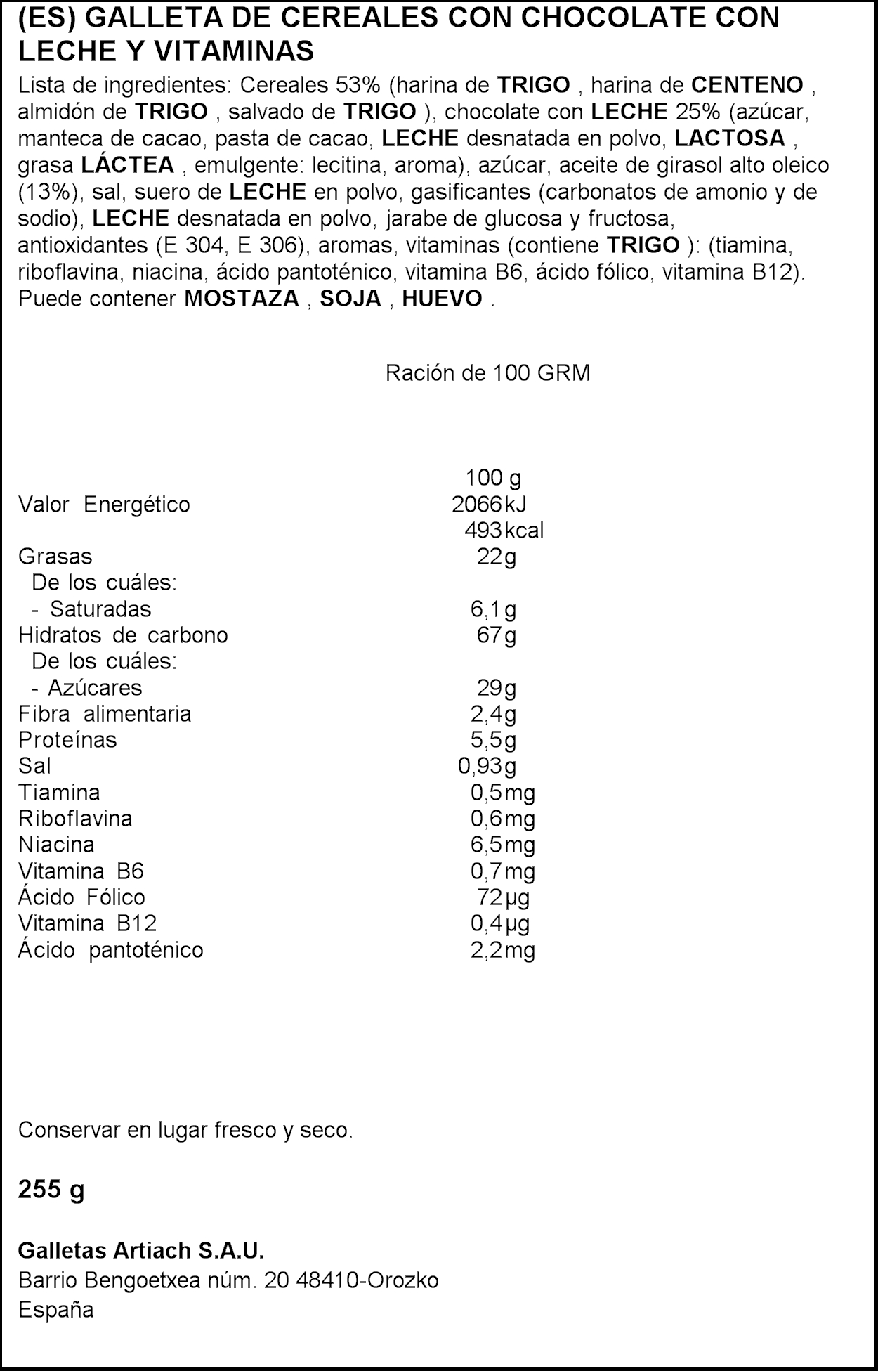 Galletas de chocolate y leche Dinosaurus Artiach 255g