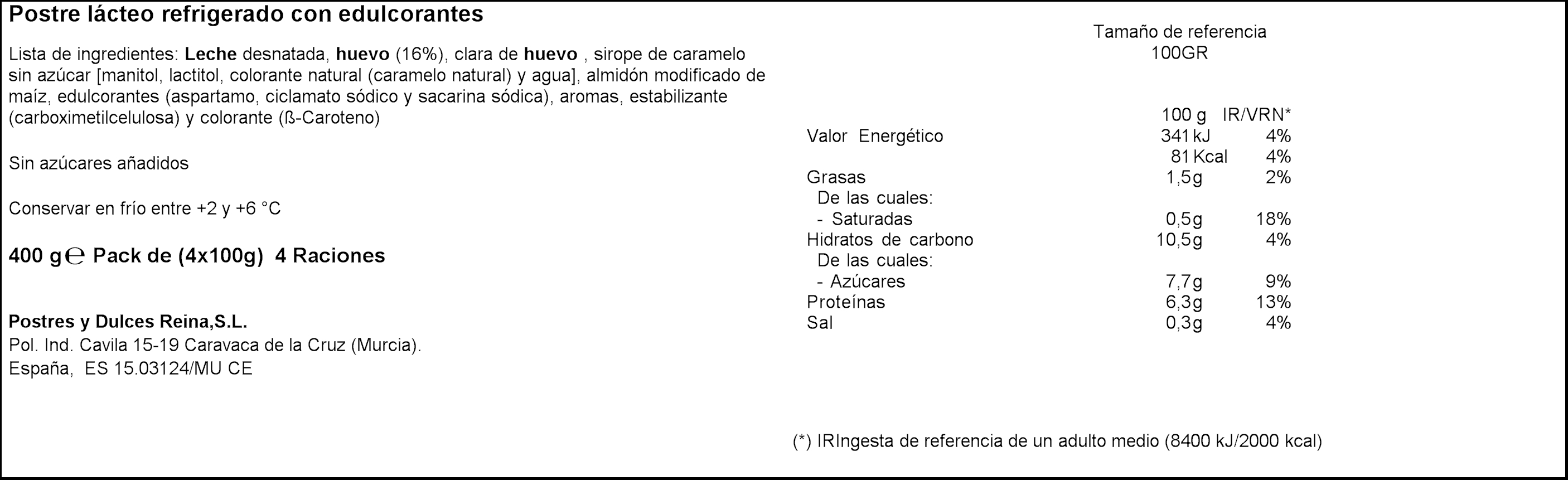 Flan de huevo Reina pack 4 sin azucar