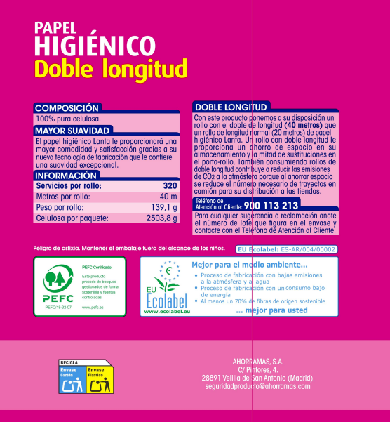 Papel higiénico Lanta 18 rollos doble longitud