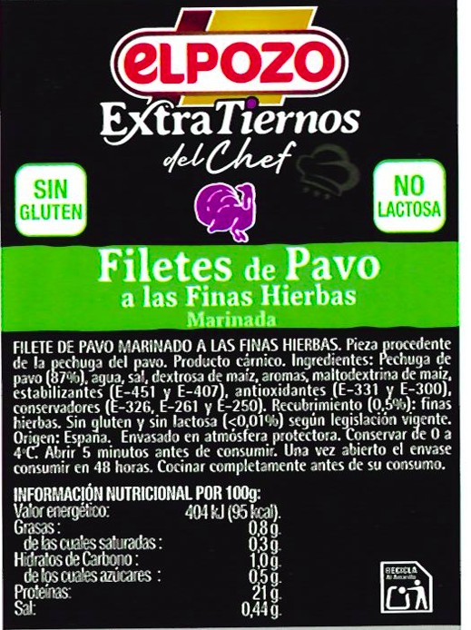 Filete de pavo a las finas hierbas El Pozo 600g aproximadamente