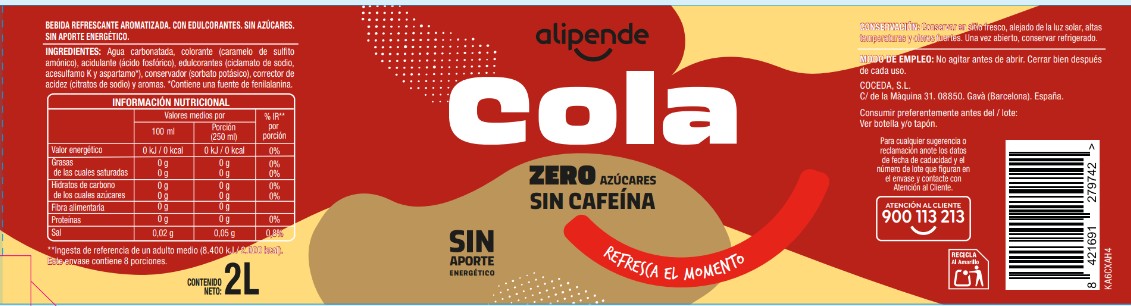 Refresco cola Alipende botella 2l zero sin cafeína