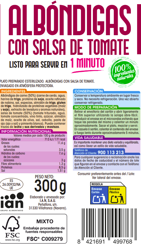Albóndigas Alipende 300g con salsa de tomate