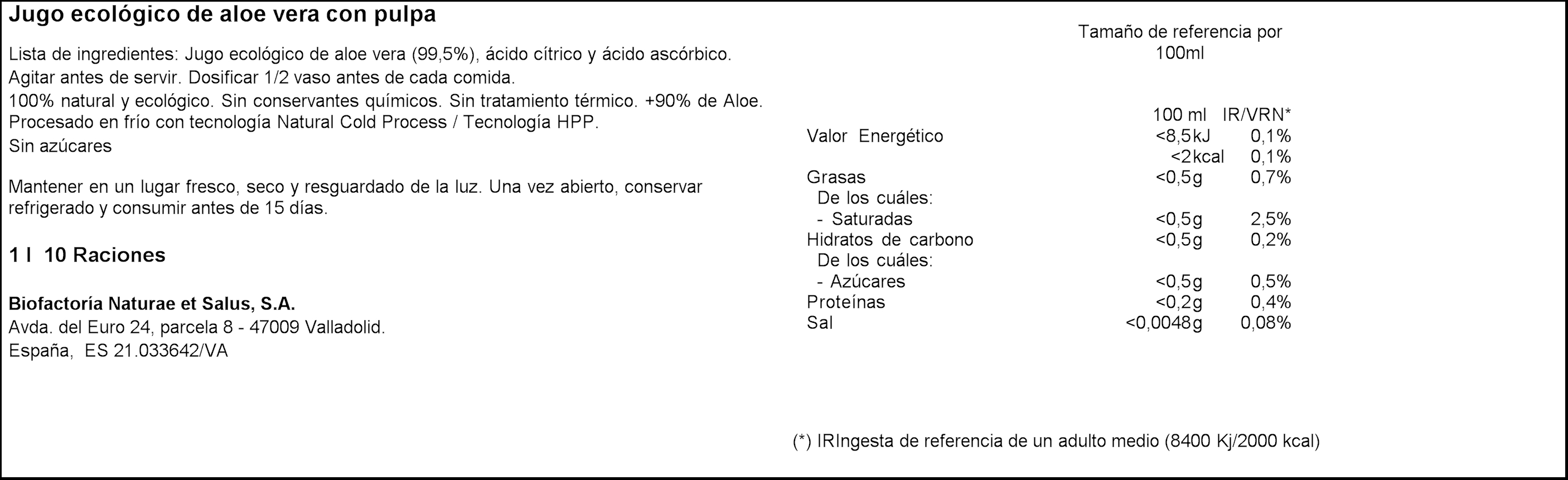 Jugo de aloe vera Saloe 1l con pulpa