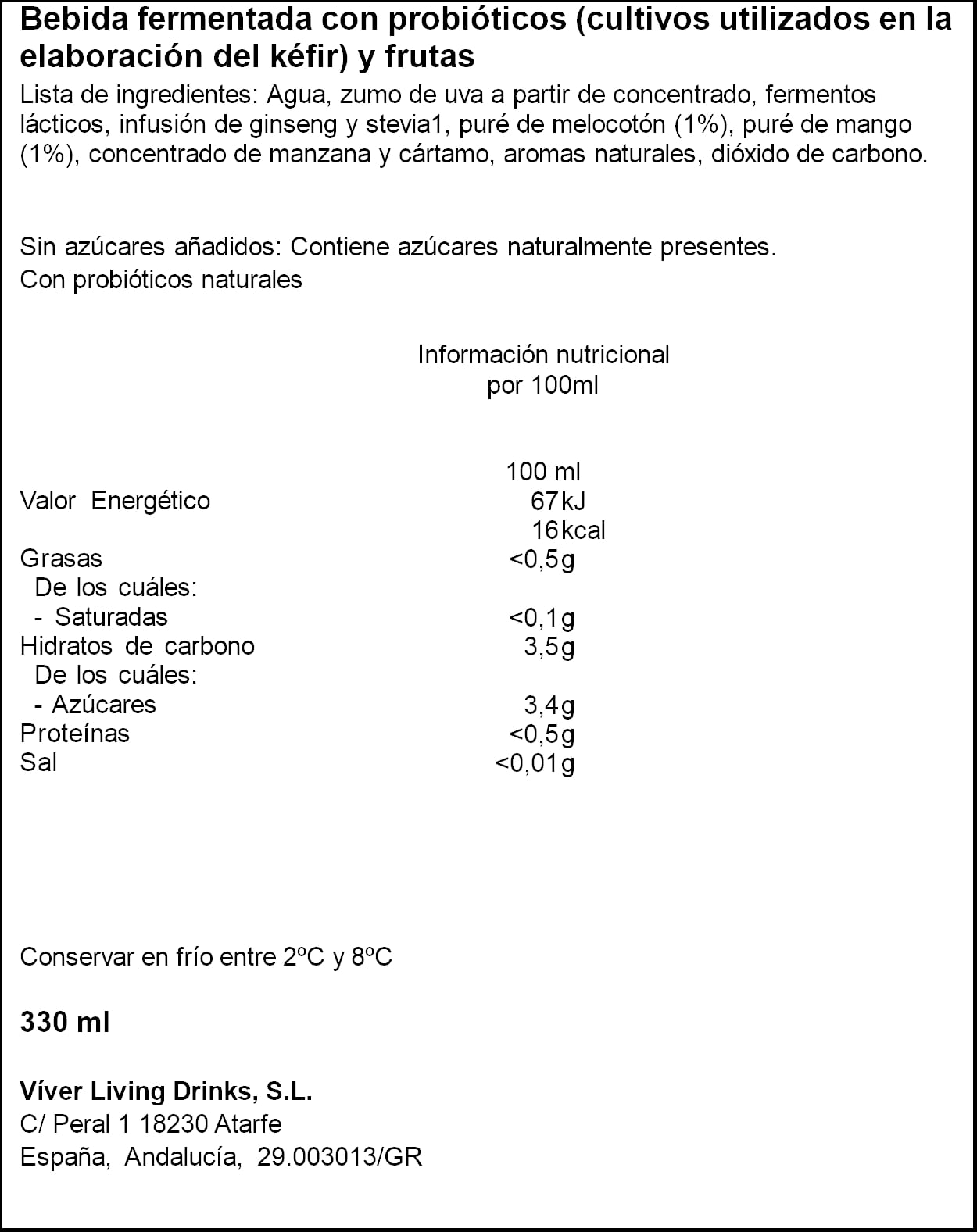 Bebida de melocotón y mango con probióticos Viver kefrutas 330ml