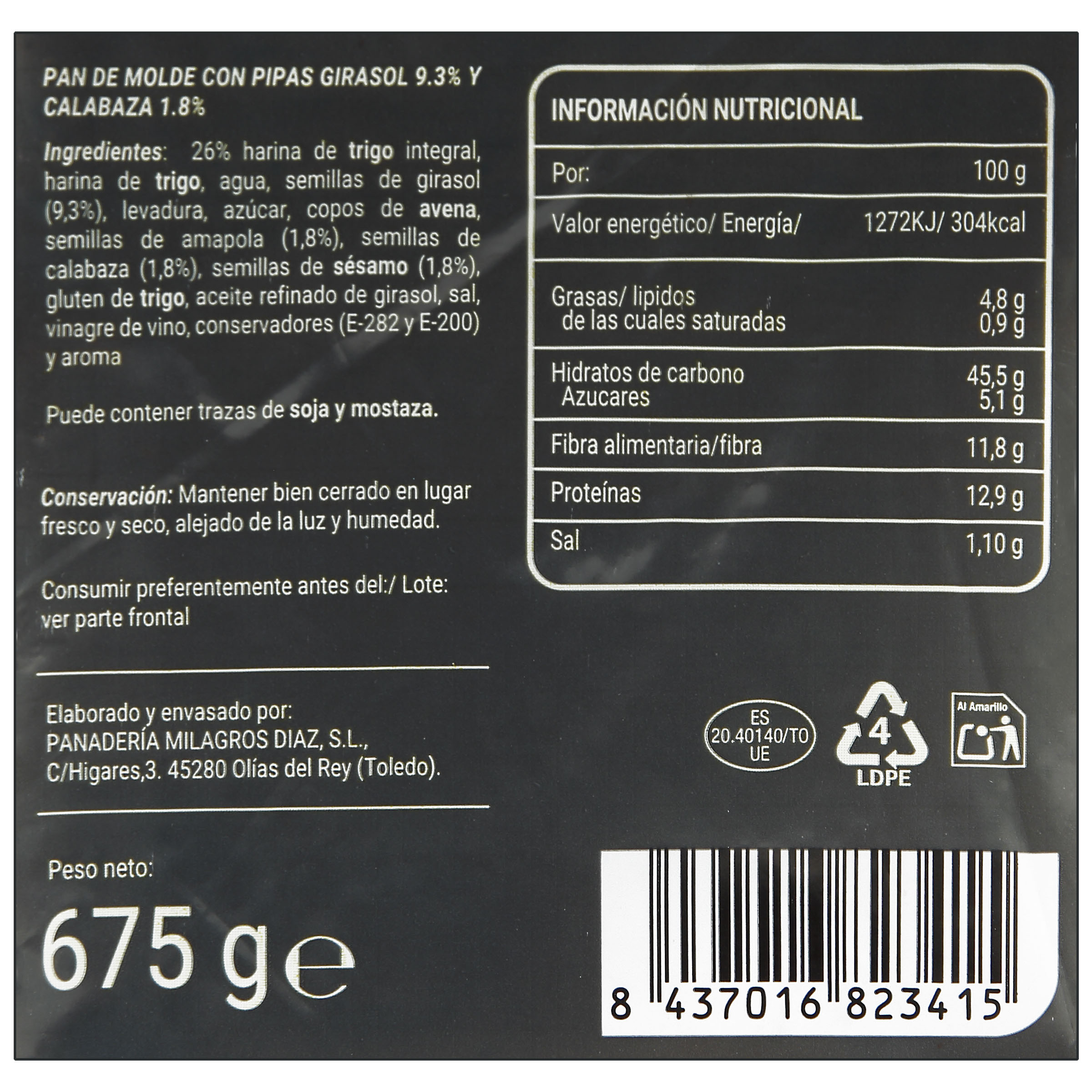 Pan de molde Pan Milagros de 675 g con pipas de girasol y calabaza