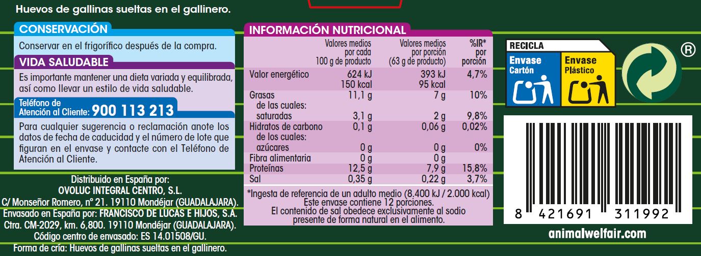Huevos de gallinas criadas con maíz sueltas en el gallinero Alipende 12u "clase m-l"