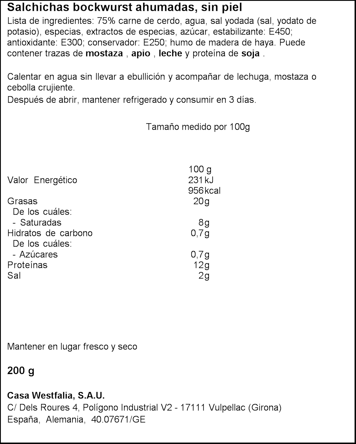 Salchichas alemanas bockwurst Poppenburger 200g