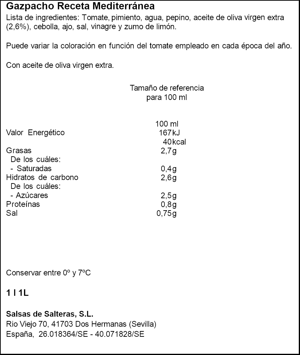 Gazpacho fresco receta Mediterránea García MIllán 1l