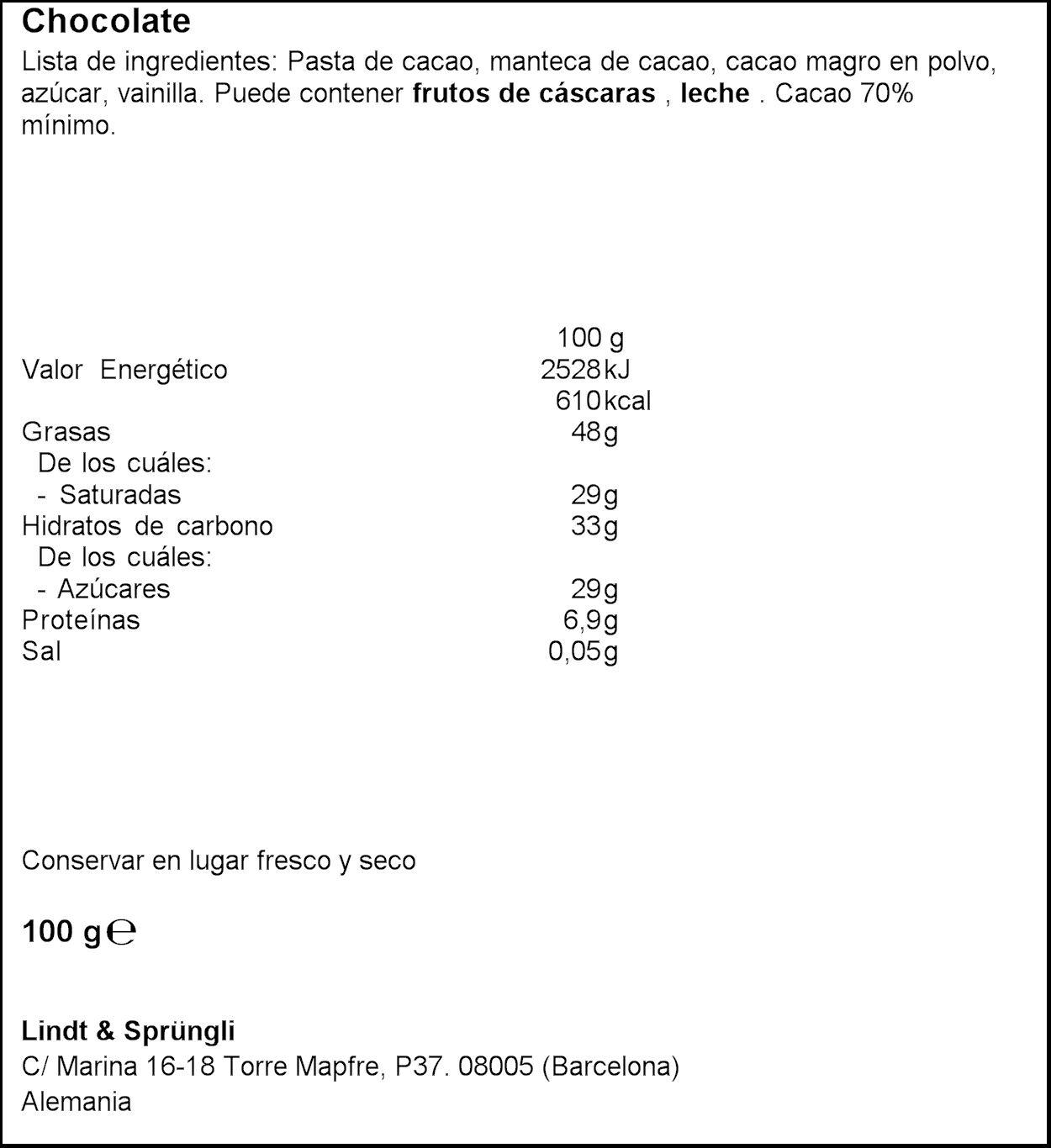 Chocolate negro 70% de cacao Lindt excellence 100g