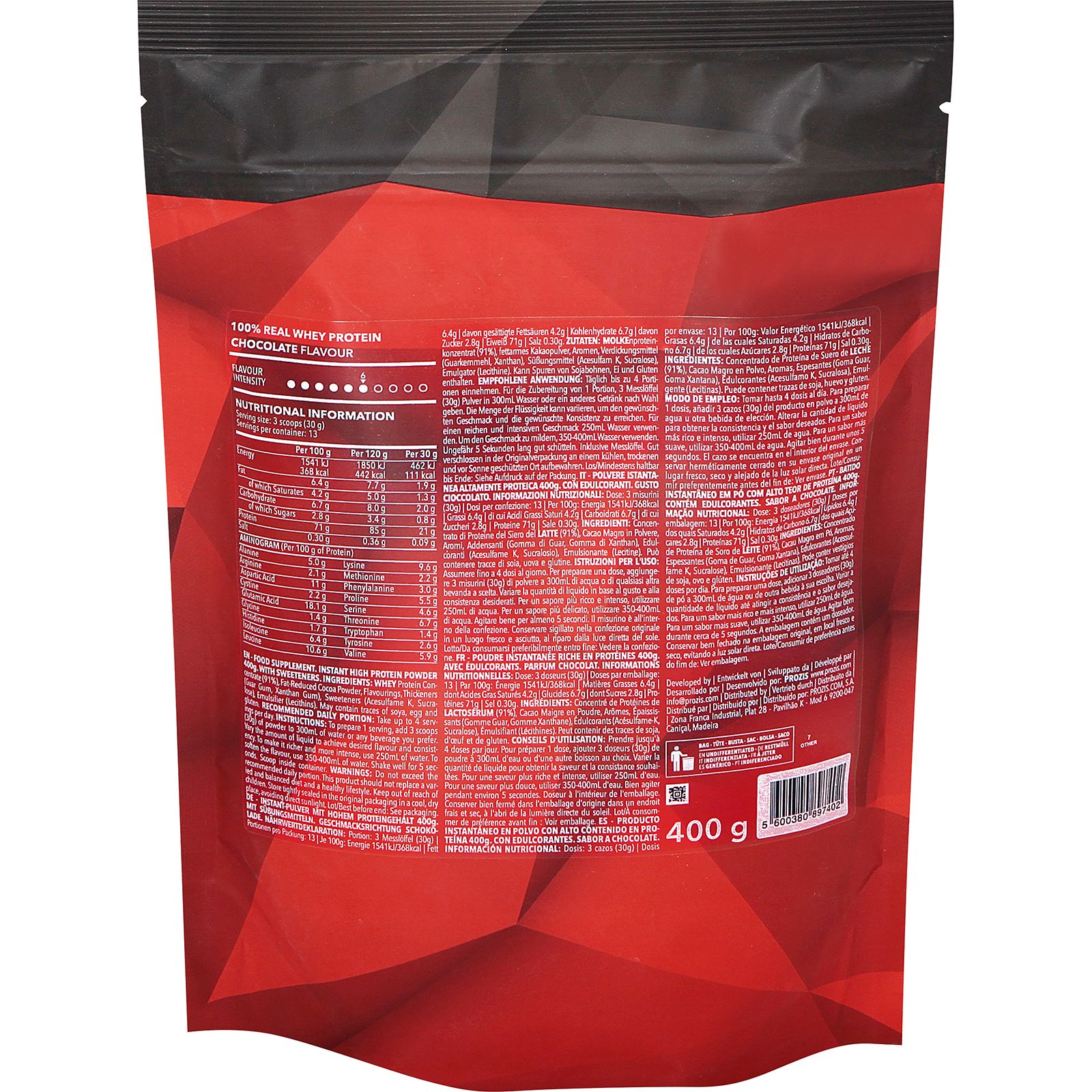 Proteínas de chocolate 100% Real Whey Prozis 400gr