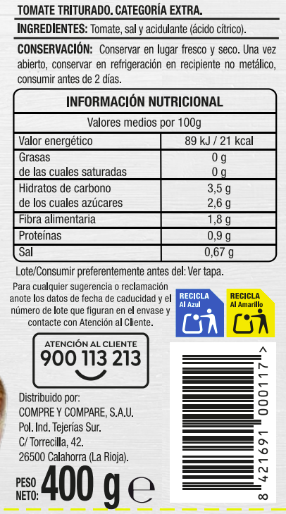Tomate triturado categoría extra sin gluten Alipende 400g
