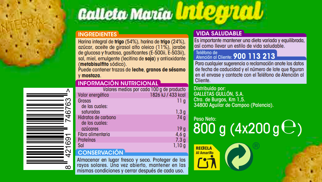 Galleta maría Alipende 800g integral
