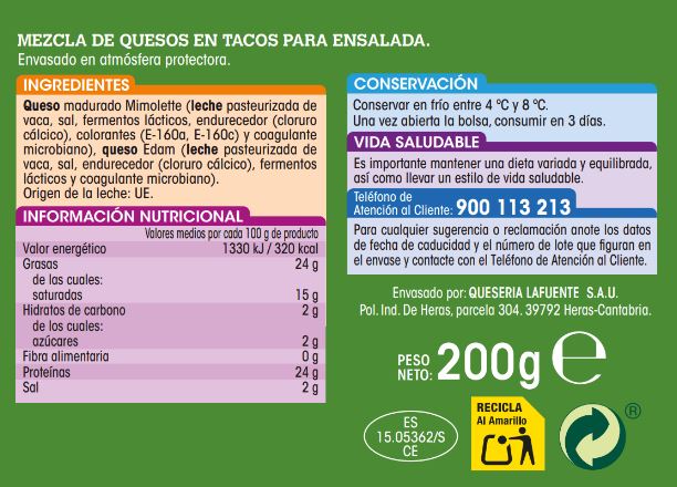 Queso en tacos para ensaladas Alipende 200g