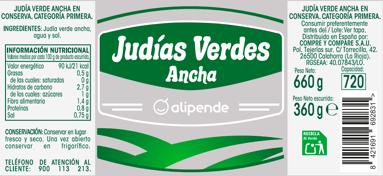 Judías verdes anchas sin gluten Alipende 360g