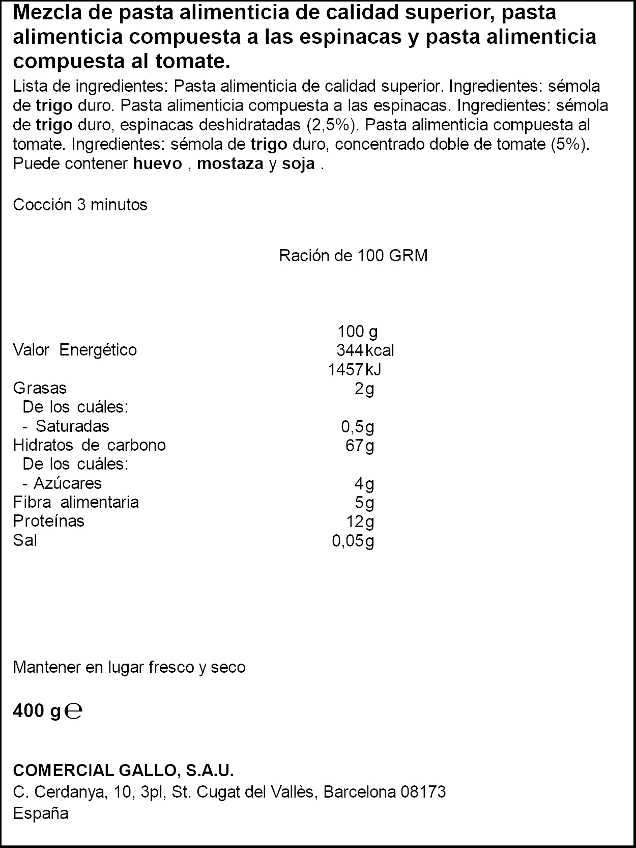 Hélices pasta fina con vegetales tomate y espinacas Gallo 400g
