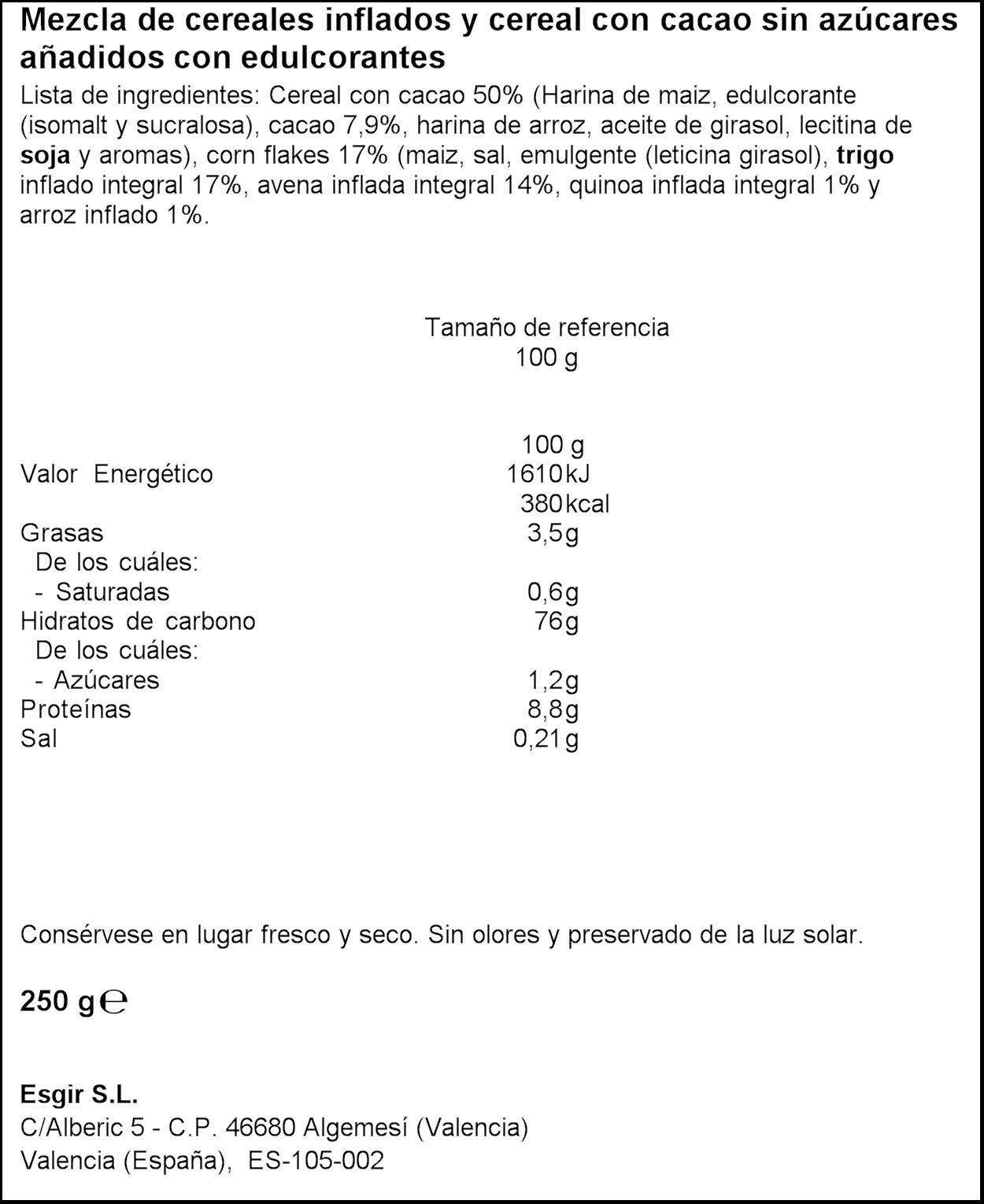 Cereales integrales de chocolate mix Esgir 250g