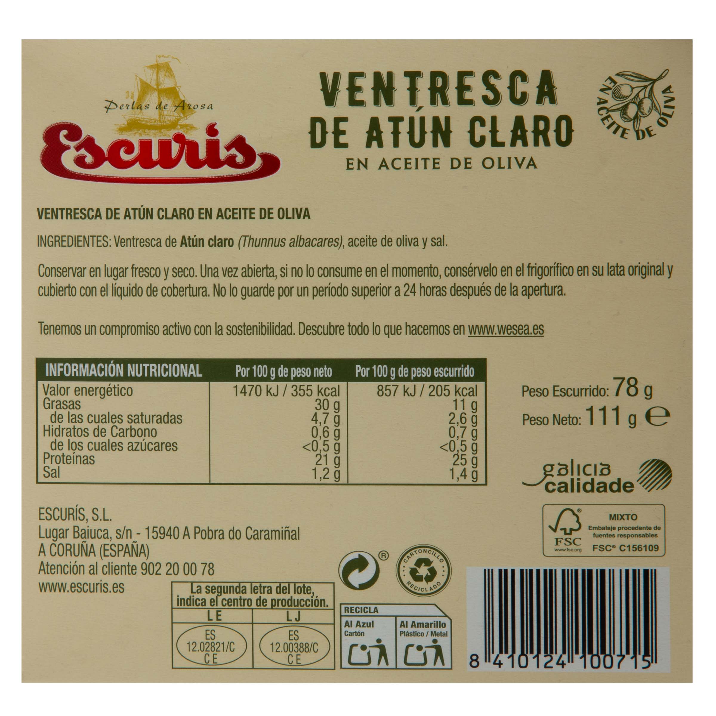 Atún ventresca en aceite de oliva Escuris 73g