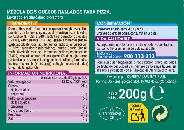 Queso rallado cinco quesos Alipende 200g