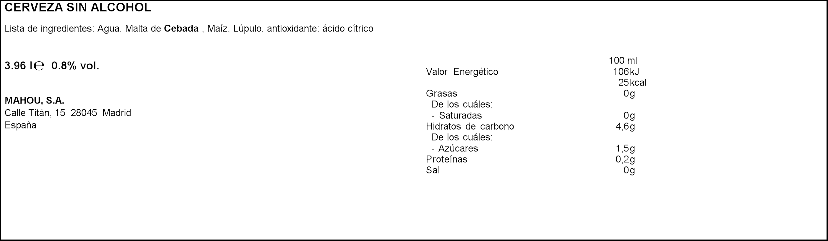 Cerveza sin alcohol Mahou pack 12 latas 33cl