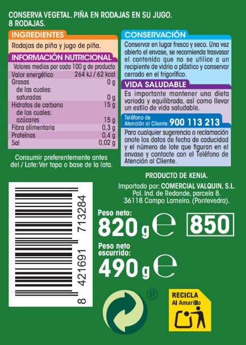 Piña en su jugo en rodajas Alipende 490g