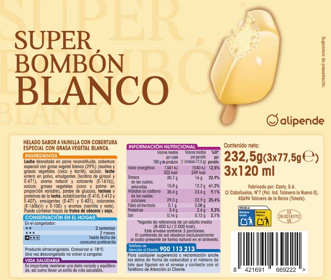 Helado super bombón Alipende 360ml 3 uds blanco