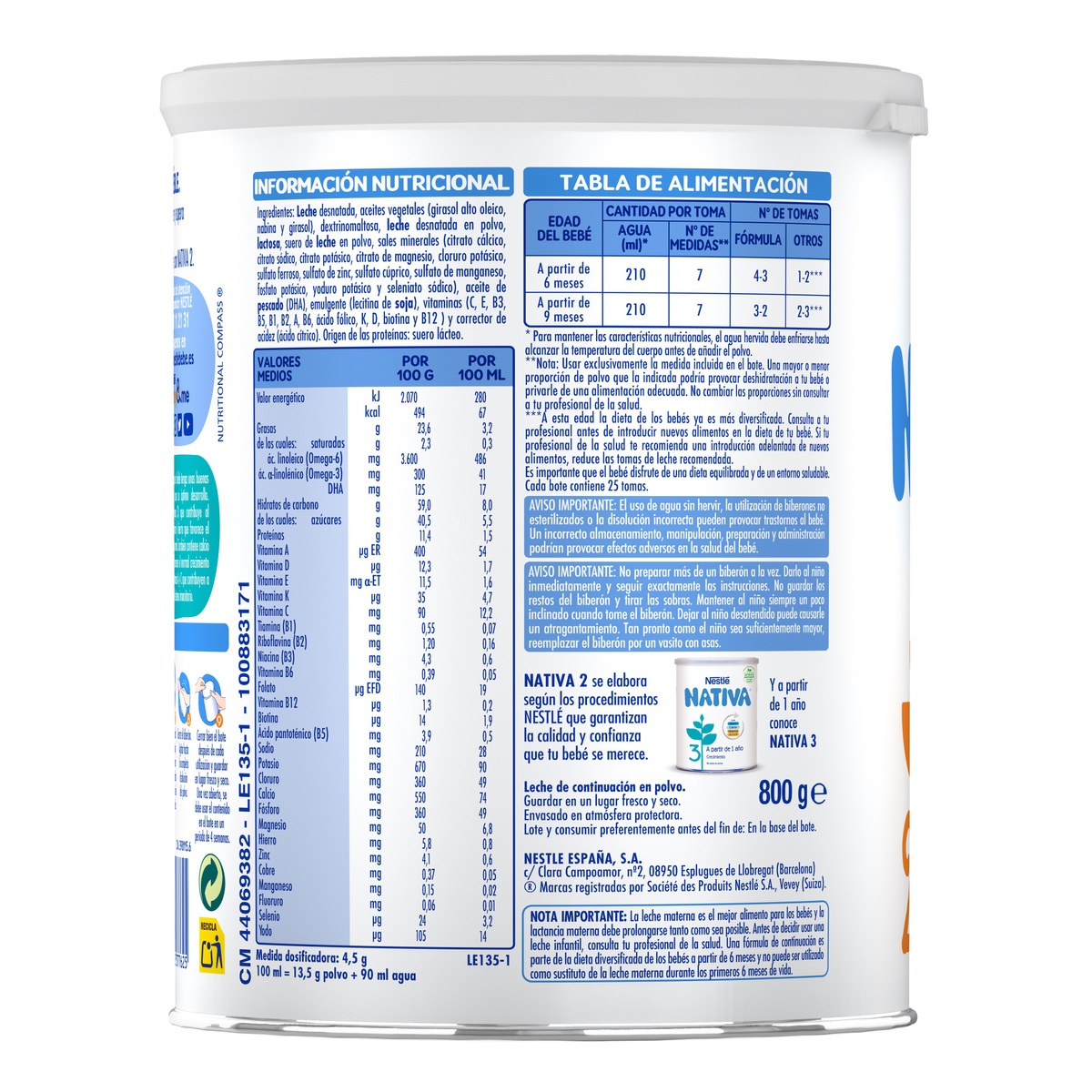 Leche continuación polvo Nativa 2 Nestlé desde 6meses 800g