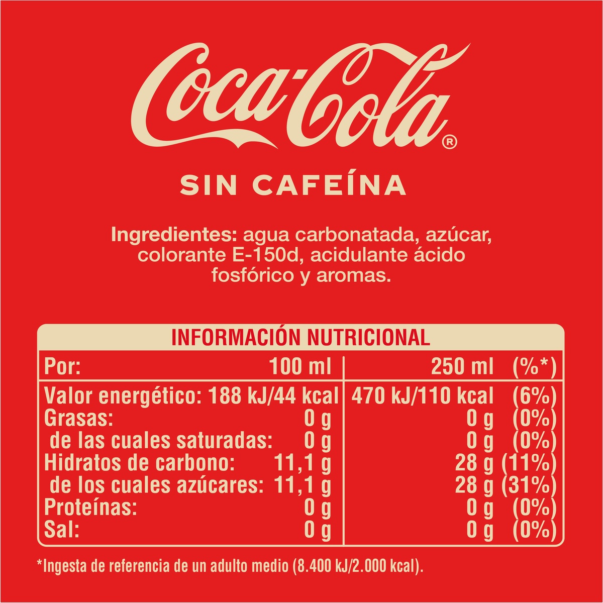 Refresco sin cafeína Coca-Cola botella 2l