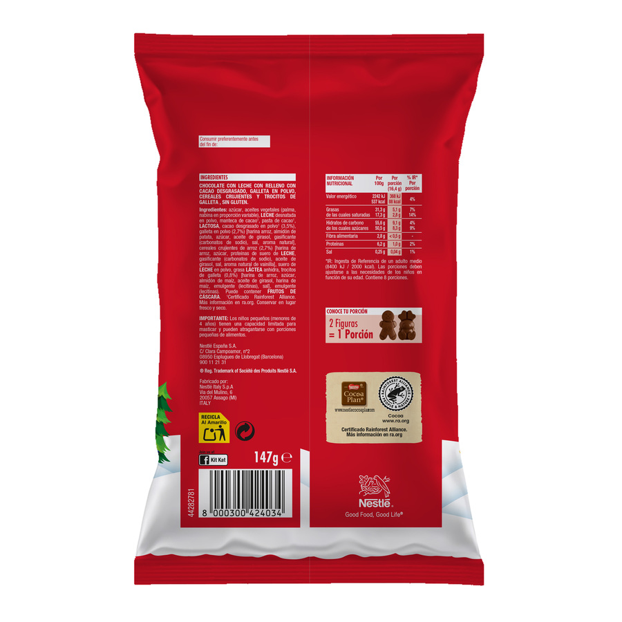 Chocolatina con figuras de chocolate con leche Kit Kat 147g