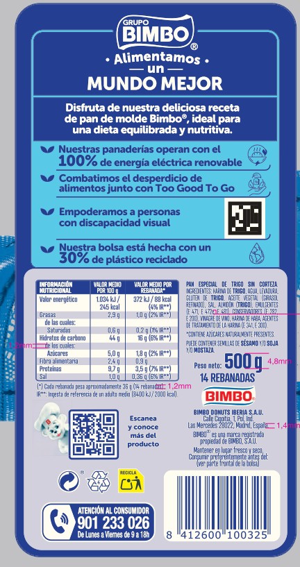 Pan de molde sin corteza Bimbo 450 g
