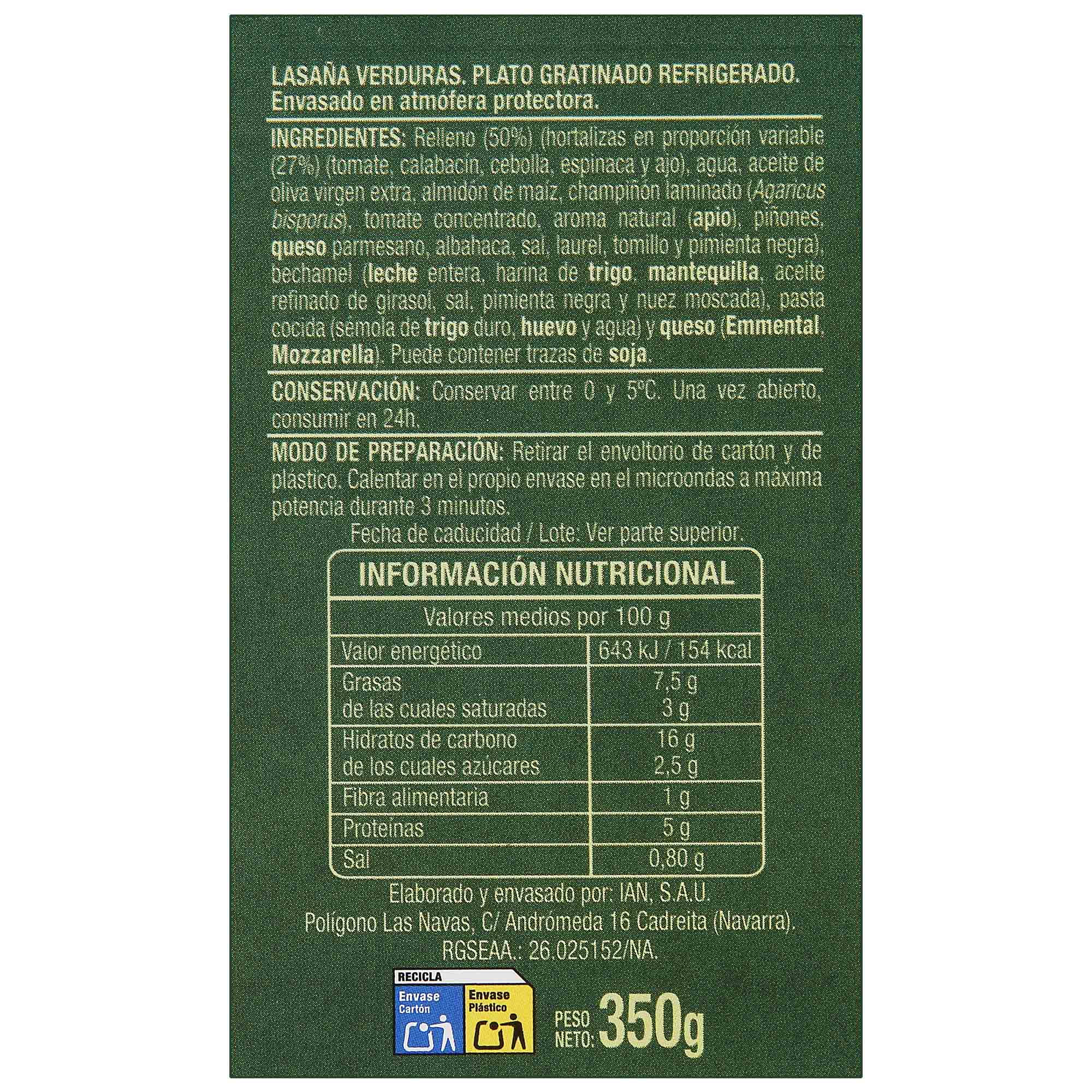 Lasaña gratinada con verduras 350g