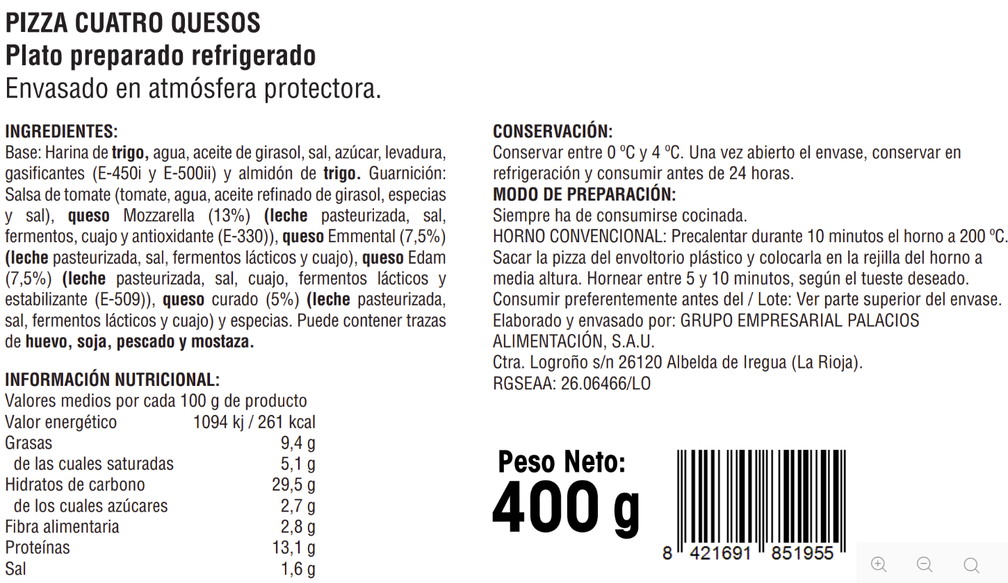 Pizza Alipende 400g cuatro quesos